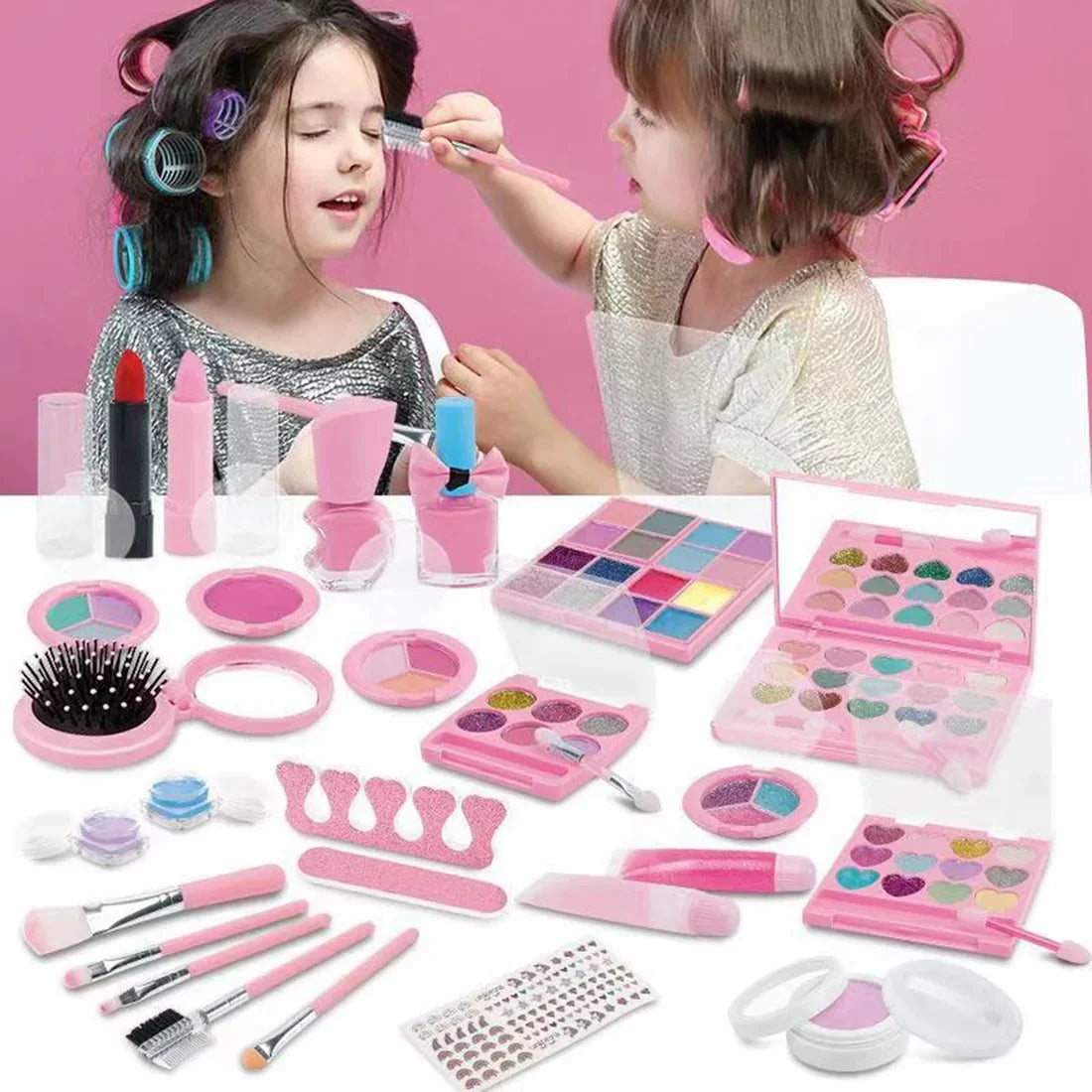 KidoKraze 21-piece DIY wooden dressing table makeup set for girls toys, includes mirror, brushes, and accessories on a wooden surface.