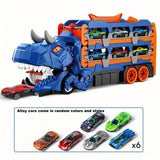 2-in-1 Dinosaur Transport Truck Toy Set with Racing Cars & Expandable Track