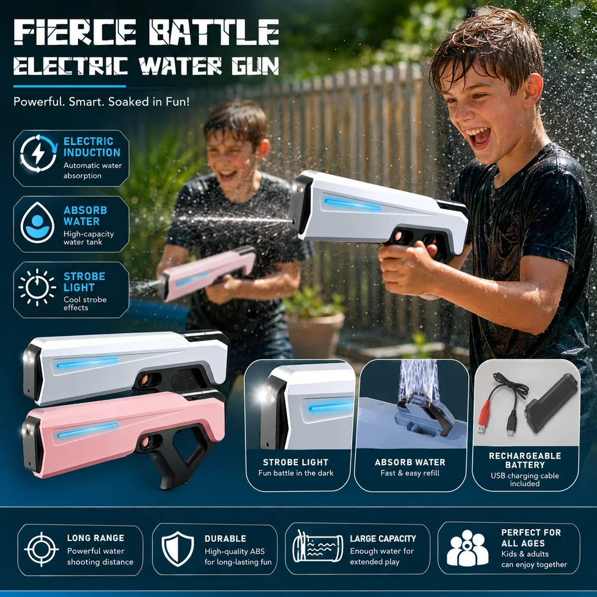 KidoKraze electric LED water gun with target scope and protective goggles, featuring bright lights and a fun, colorful design