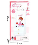 KidoKraze 21-piece DIY wooden dressing table makeup set for girls, includes mirror, brush, and pretend makeup accessories.