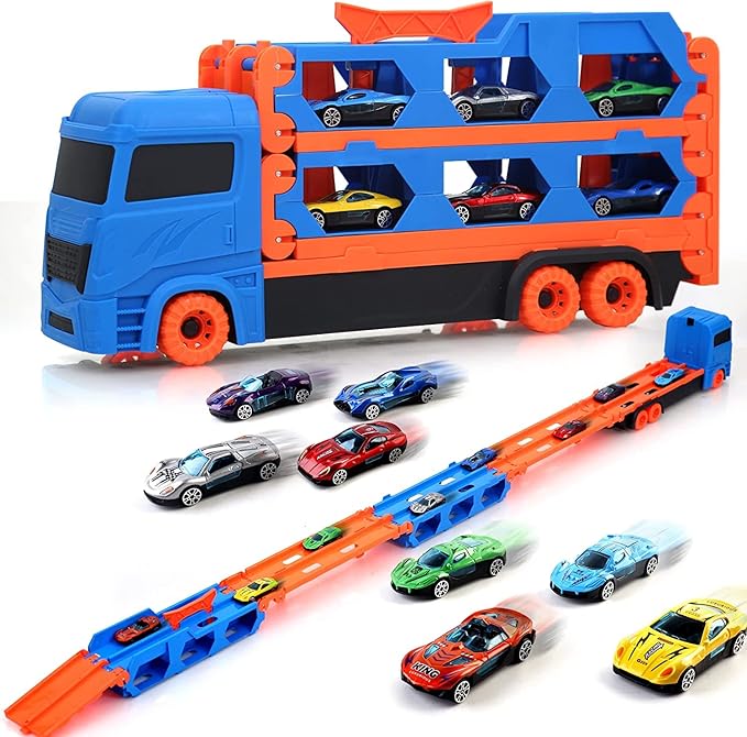 2-in-1 Transforming Truck Playset with Race Track & 2 Alloy Cars