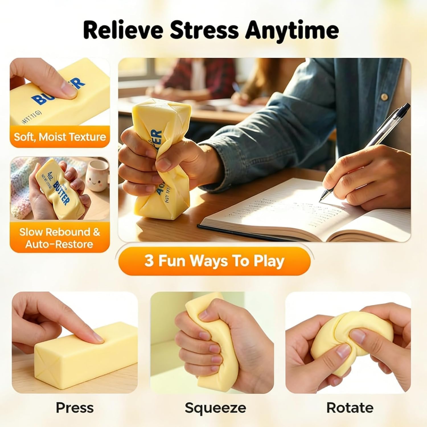 KidoKraze butter squishy plush toy with soft, creamy yellow texture and realistic butter shape for stress relief and sensory play.