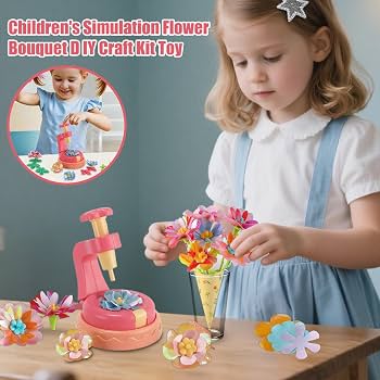 KidoKraze DIY flower making kit with pressing tools and craft supplies for kids, featuring colorful flower petals and crafting accessories.