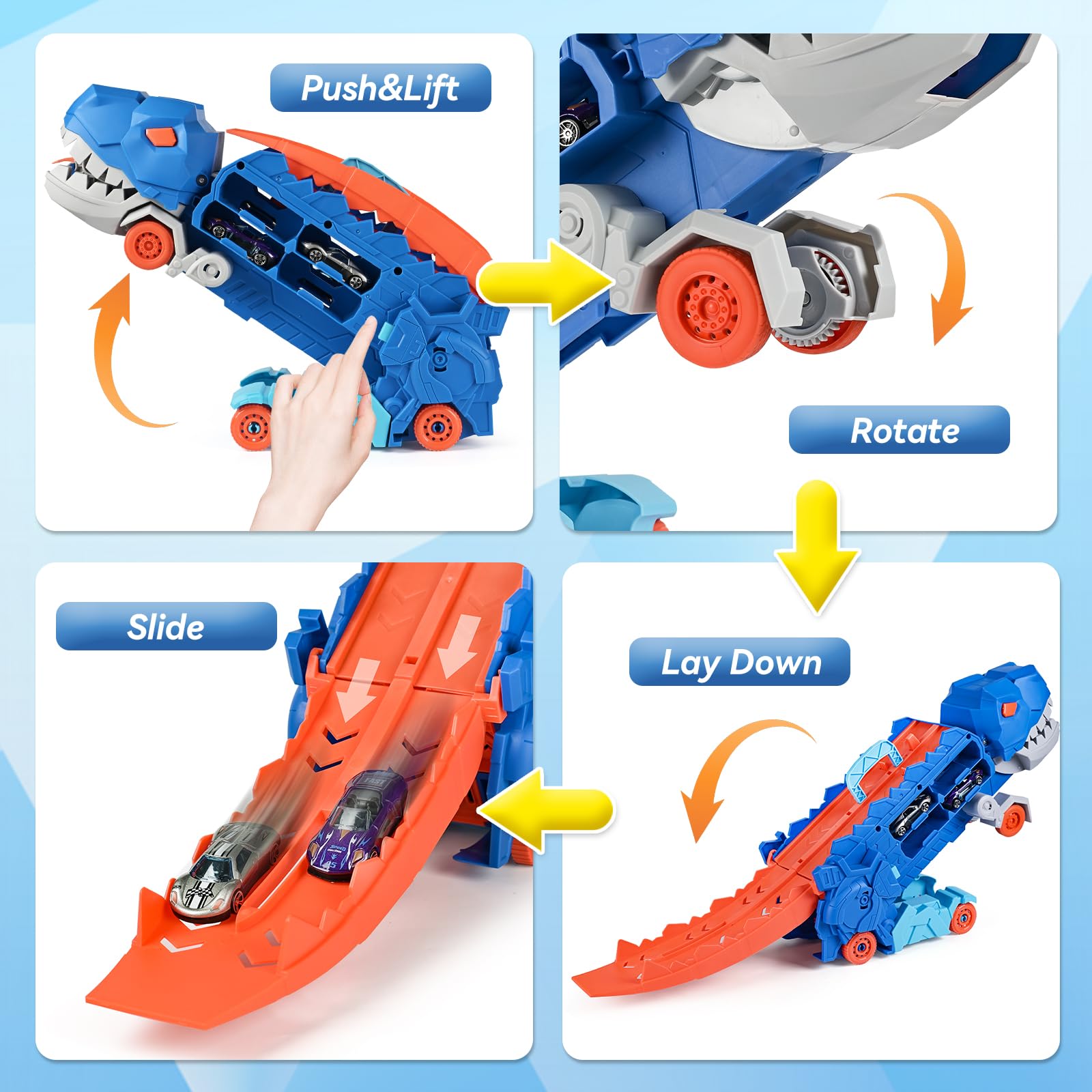 Dinosaur Truck Blue: Sliding Car Launcher & Transport Carrier Toy