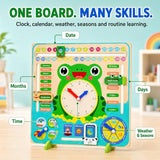 KidoKraze wooden frog calendar and learning clock board with colorful movable pieces for educational play and time learning.