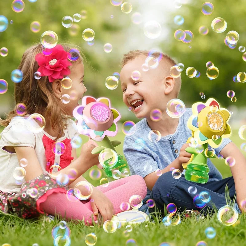 KidoKraze sunflower-shaped automatic electric bubble gun toy for kids, blowing bubbles with colorful design and built-in bubble solution.