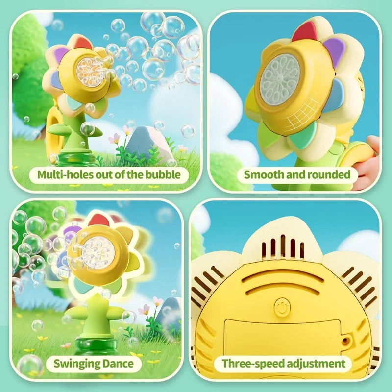 KidoKraze sunflower-shaped automatic electric bubble gun toy for kids with colorful bubble solution in a playful setting.