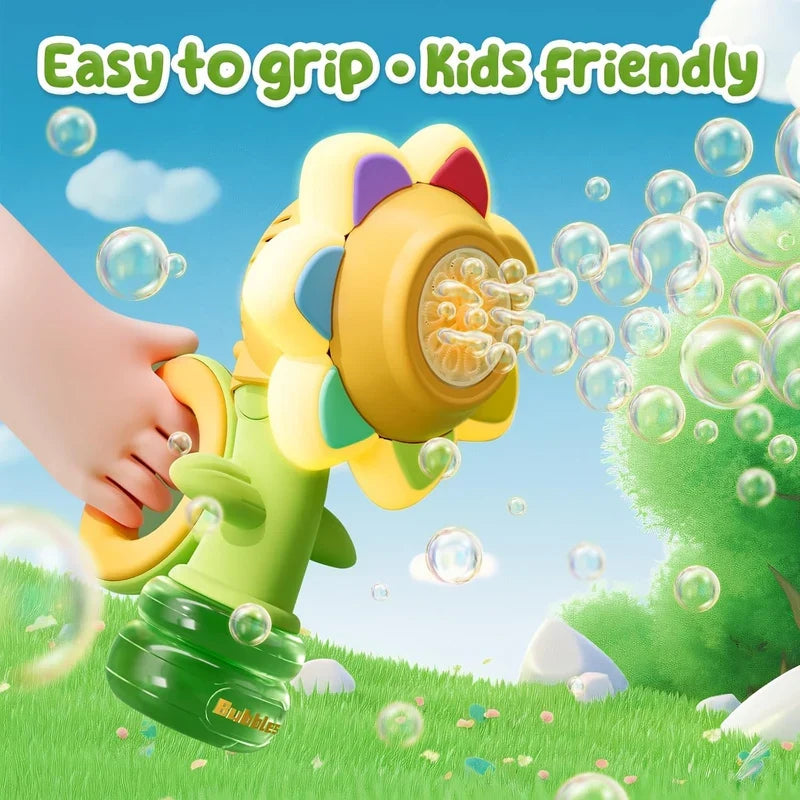 KidoKraze sunflower-shaped electric bubble gun toy for kids producing colorful bubbles, perfect for outdoor play and entertainment.