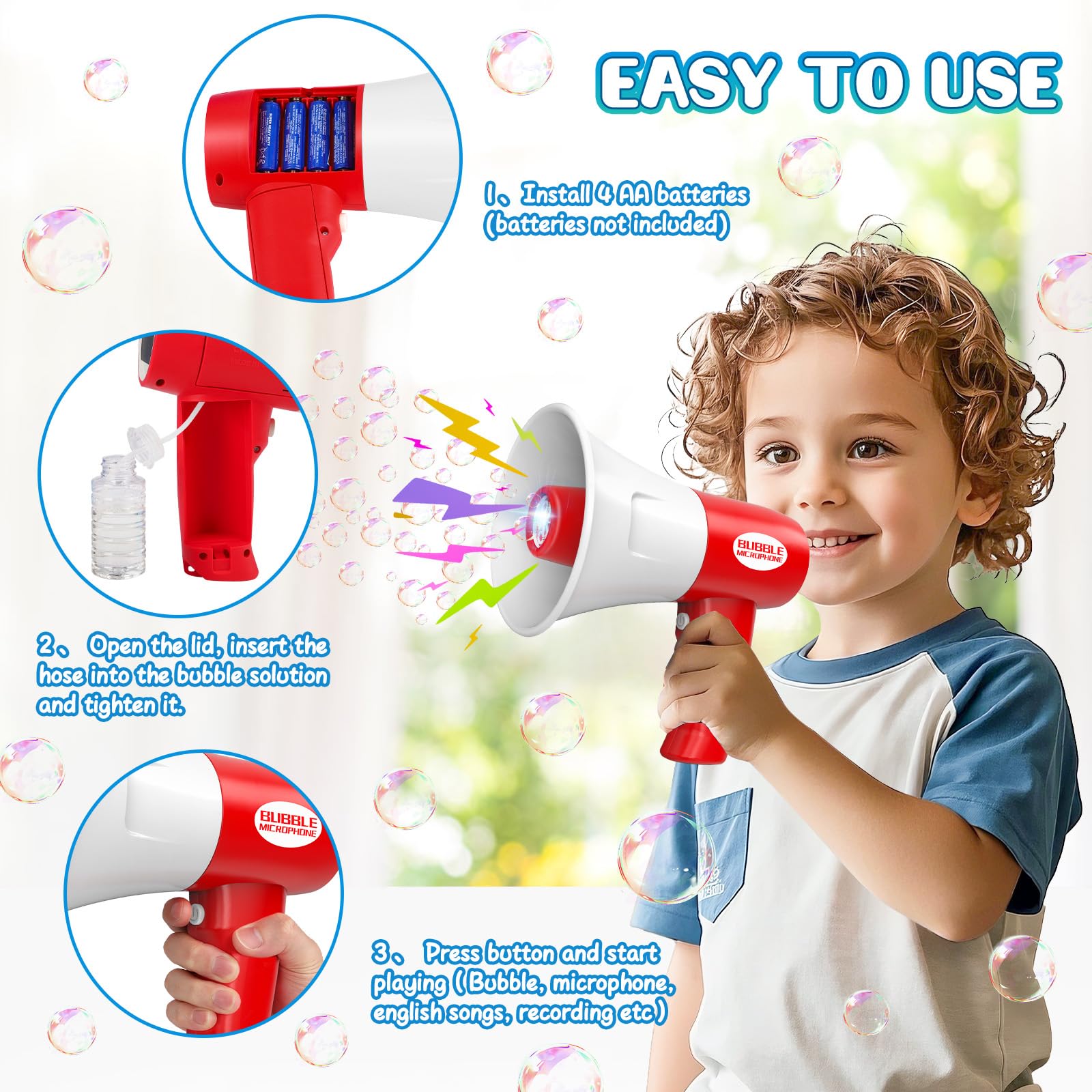 KidoKraze multifunctional megaphone bubble blower toy with voice recorder and music features, colorful plastic design for kids.