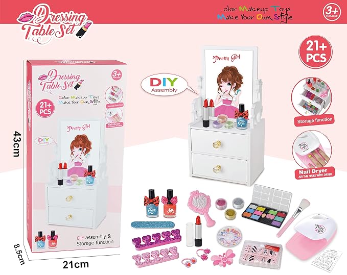 KidoKraze 21-piece DIY wooden dressing table and makeup set for girls, featuring toy accessories and mirror for pretend play.