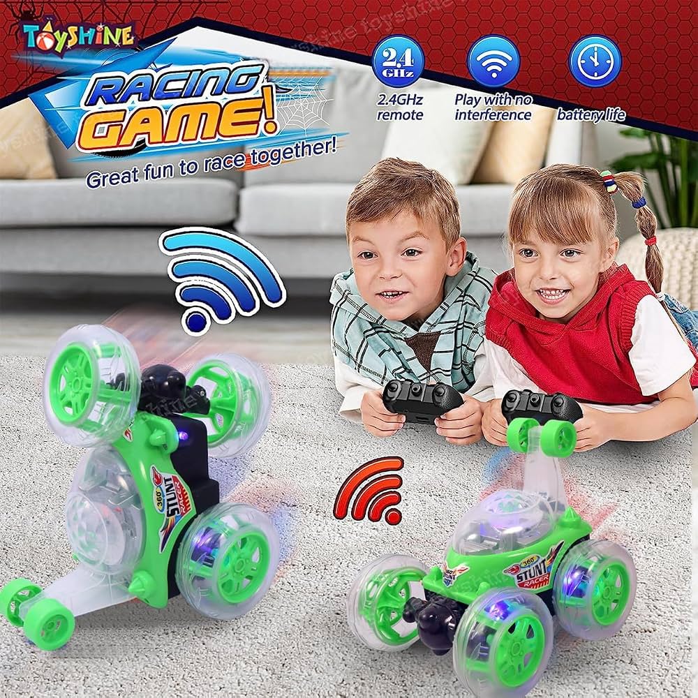 KidoKraze 360° stunt RC car with LED lights, music, and rolling wheels, designed for dynamic outdoor play and tricks