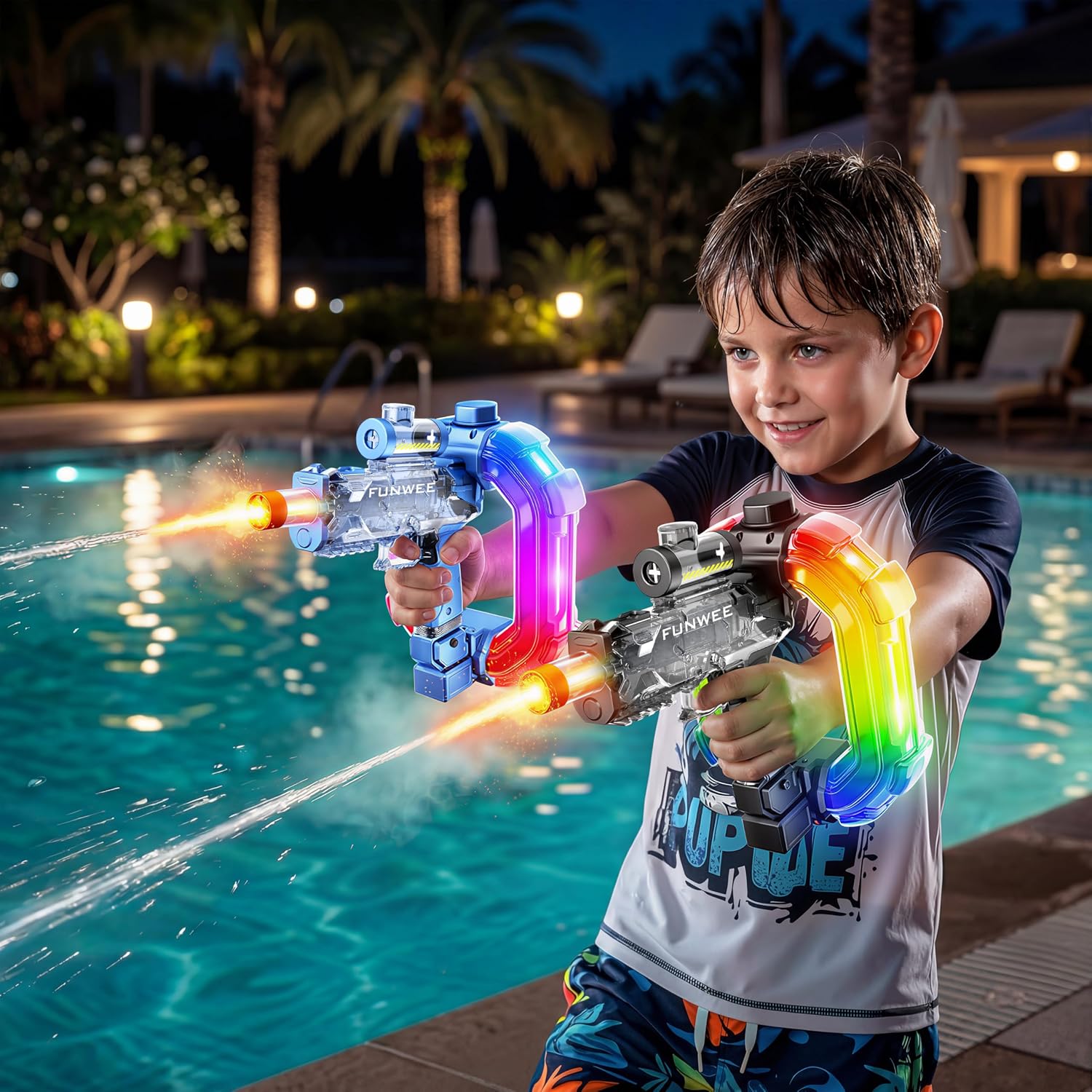 Kids electric LED water gun by KidoKraze featuring colorful lights and a transparent water reservoir for outdoor water fights.