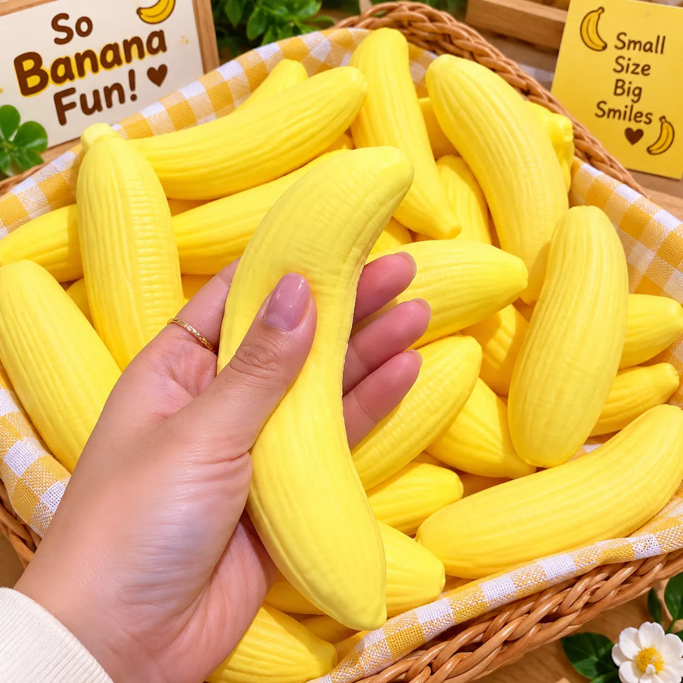 KidoKraze banana-shaped squishy stress relief toy with soft, squeezable texture for relaxation and stress relief.