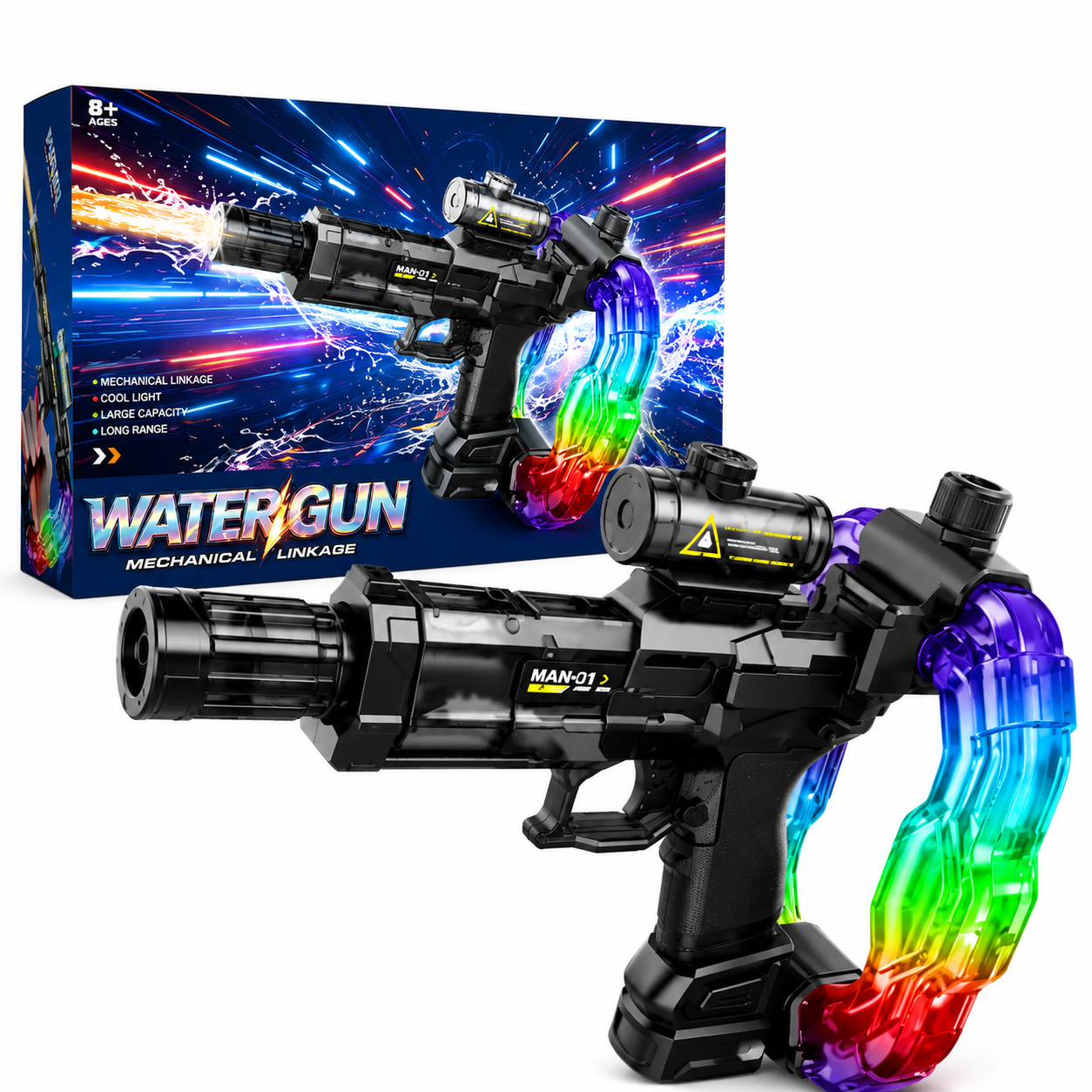 Kids electric LED water gun by KidoKraze with colorful lights, sleek design, and a trigger for outdoor water play.