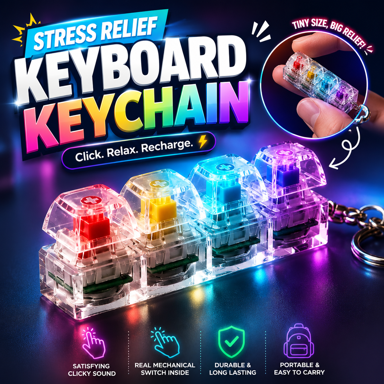 KidoKraze mechanical keyboard clicker keychain with LED light and sound, fidget toy with tactile buttons and colorful design