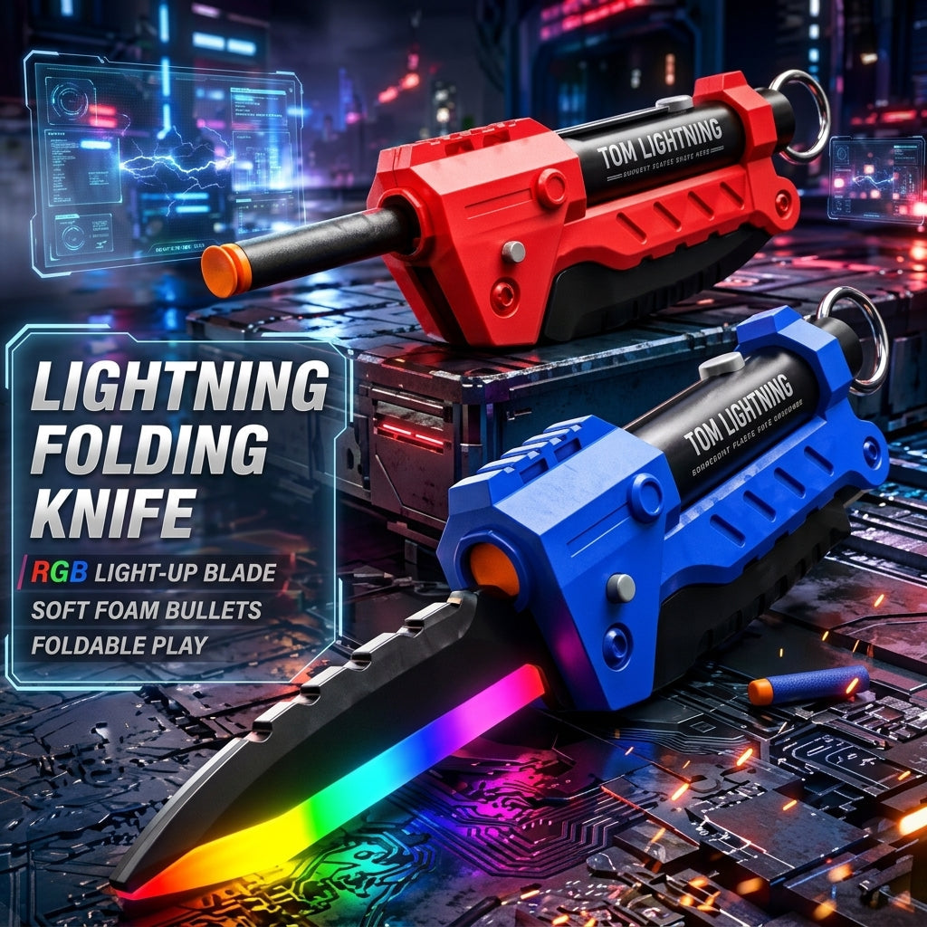 KidoKraze Lightning Folding Knife Blaster toy with soft foam bullets, featuring a sleek design and colorful accents.