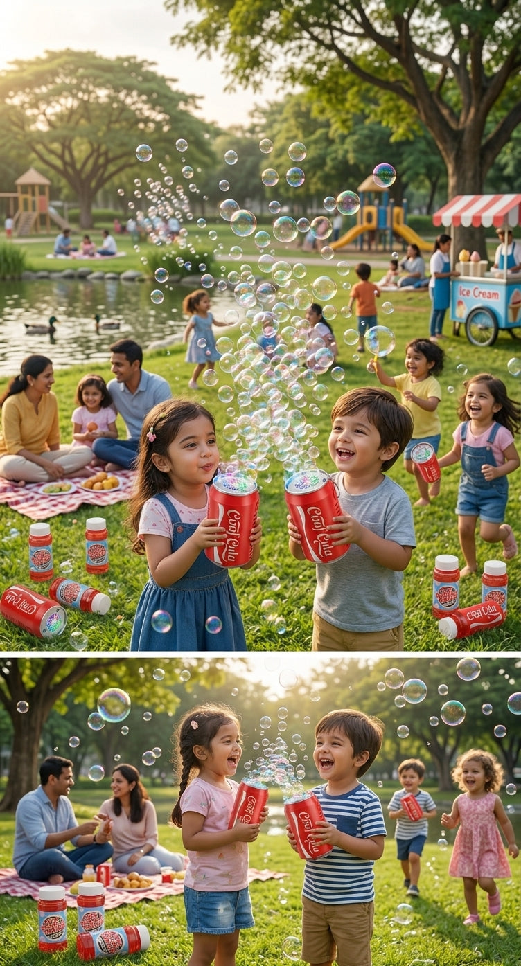 KidoKraze soda can-shaped bubble blower toy with LED lights and music, featuring colorful bubbles and vibrant design.