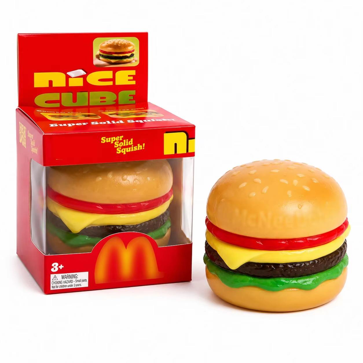 KidoKraze McDonald's Burger Squishy stress relief toy, soft squeeze toy resembling a cheeseburger with lettuce and buns.