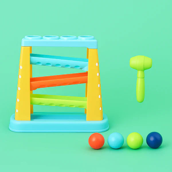 KidoKraze Montessori hammer and ball pounding toy with colorful wooden balls and a small hammer for early childhood play.
