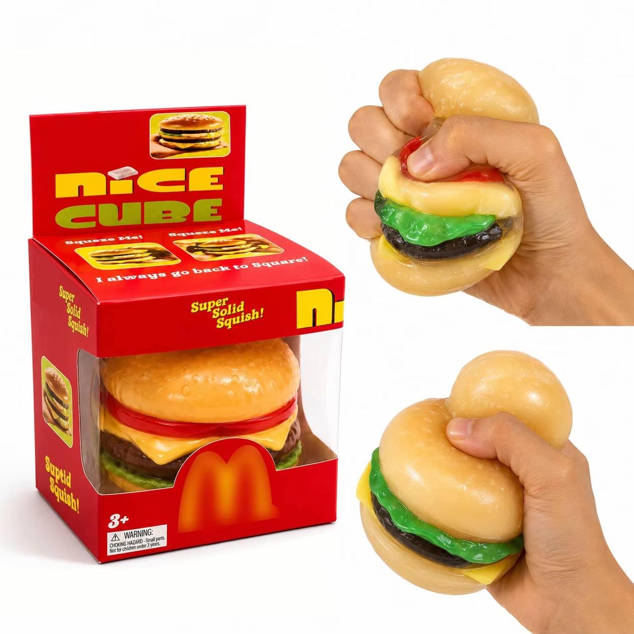 KidoKraze McDonald's Burger Squishy stress relief toy, soft squeeze toy resembling a hamburger for stress relief and sensory play.