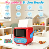 Kids AI voice smart thermal printer by KidoKraze printing colorful labels and images with a compact, modern design.