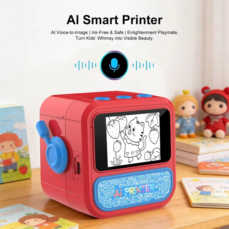 KidoKraze kids AI voice smart thermal printer with colorful design and buttons for printing labels and images.