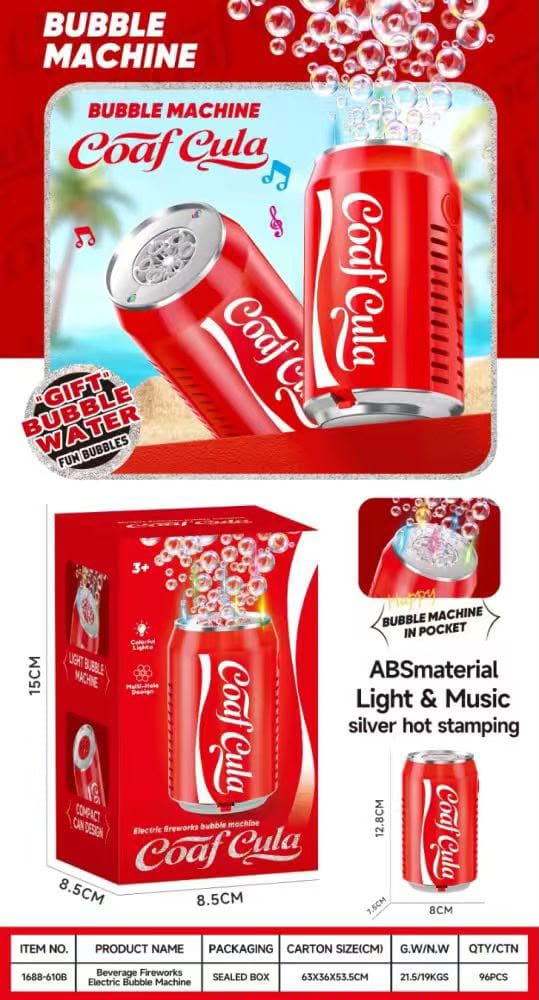 KidoKraze soda can bubble blower toy with LED lights and music, featuring colorful bubbles and playful design.