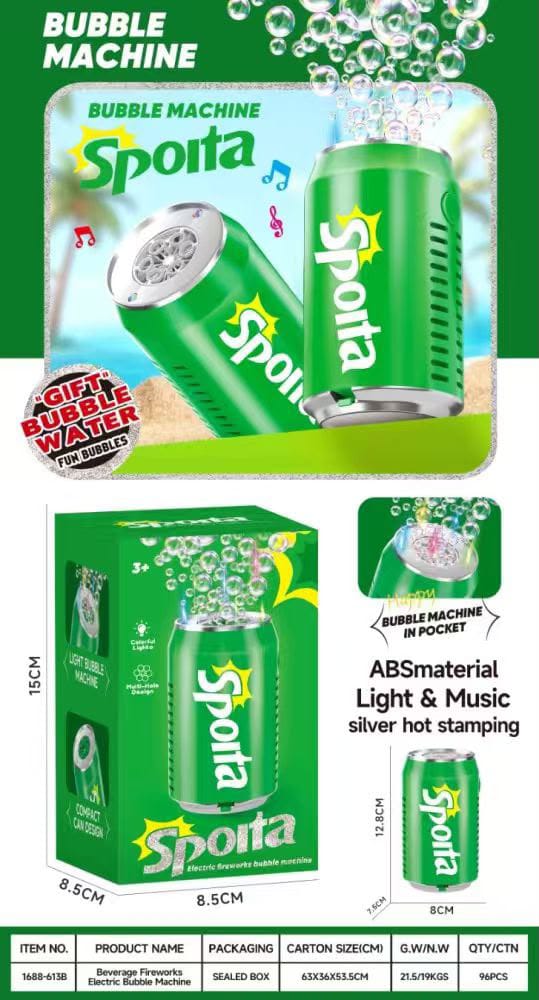 KidoKraze soda can bubble blower toy with LED lights and music, showing colorful bubbles and playful design in action