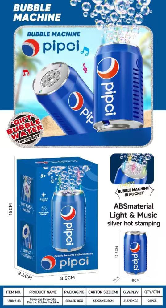 KidoKraze soda can bubble blower toy with LED lights and music, showing colorful bubbles and playful design.