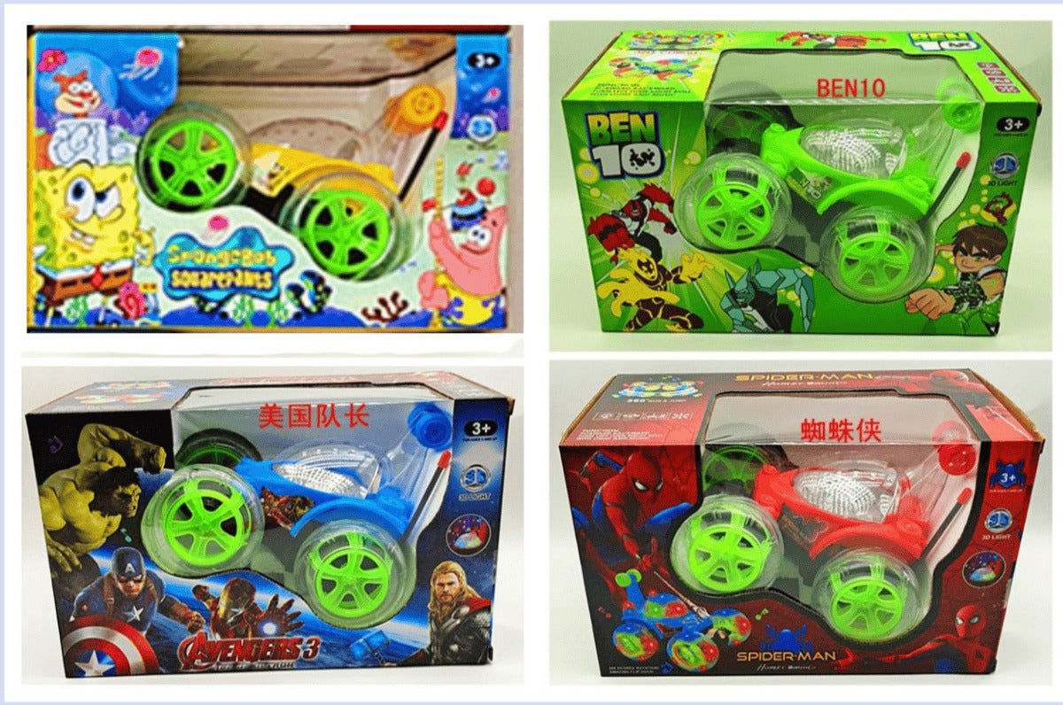 KidoKraze 360° stunt rolling RC car with LED lights and music, shown performing tricks on a smooth surface.