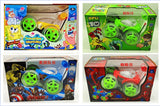KidoKraze 360° stunt rolling RC car with LED lights and music, shown performing tricks on a smooth surface.