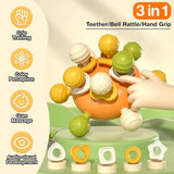 3 in 1 Baby Teether and Bell Rattle Sensory Toy for Grip Training
