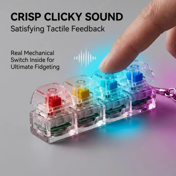 KidoKraze mechanical keyboard clicker keychain with LED light and sound, featuring a compact, fidget toy design.