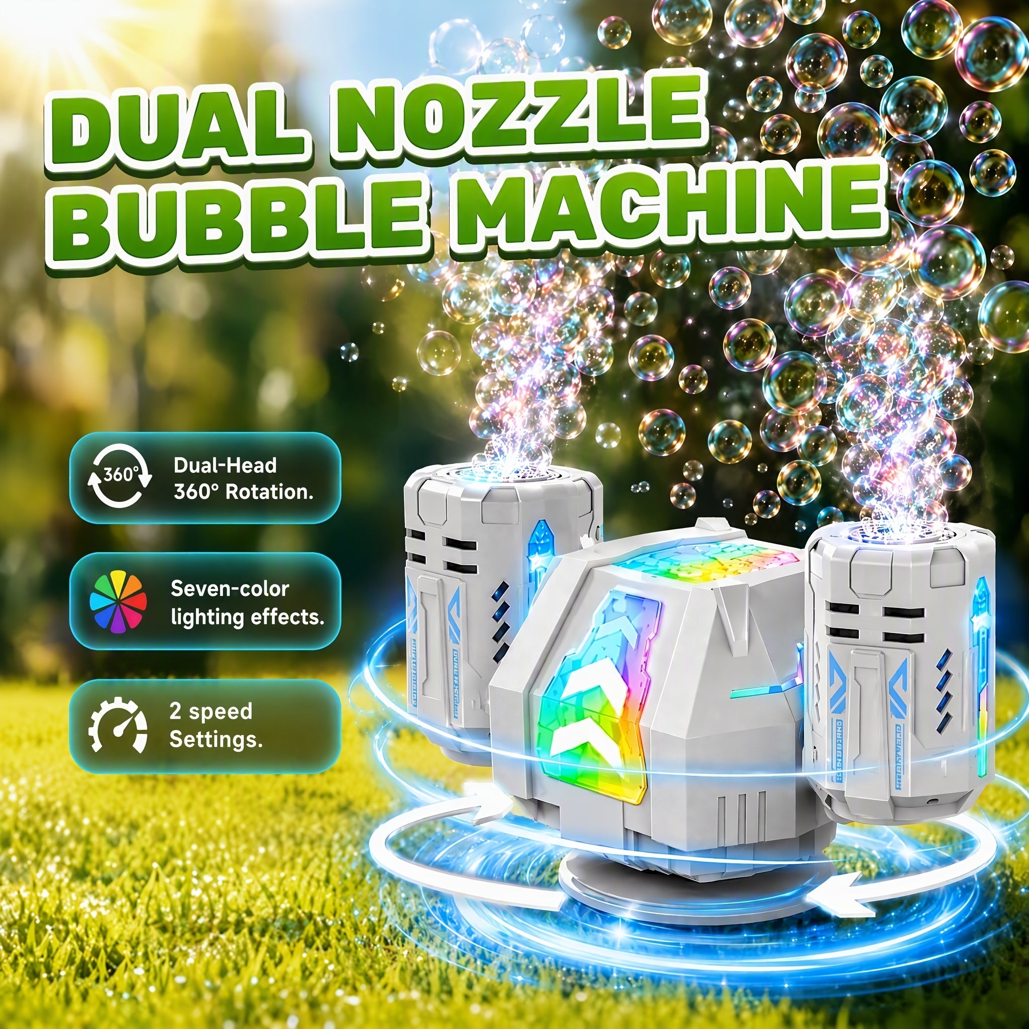 KidoKraze automatic dual-head bubble gun with 360-degree rotating bubble blower producing colorful bubbles