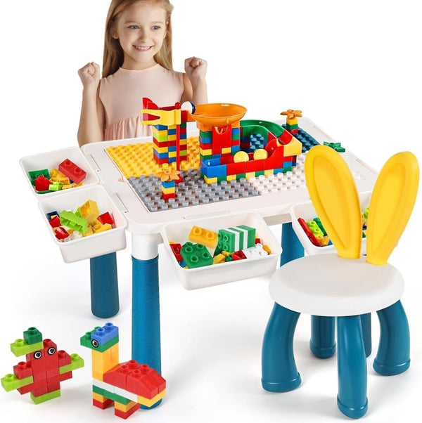 Kids Building Blocks Table with Chair & Learning Station