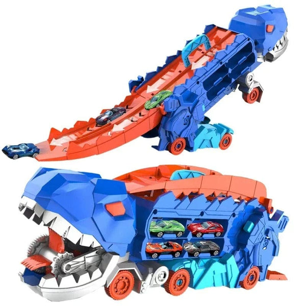 Dinosaur Truck Blue: Sliding Car Launcher & Transport Carrier Toy