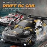 KidoKraze 1:16 scale high-speed 4WD RC drift racing car on a track, showcasing its sleek design and vibrant colors.