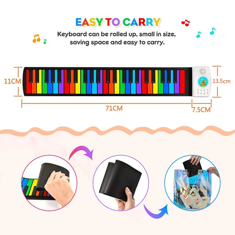 37-Key Roll Up Piano for Kids - Portable Rainbow Electronic Keyboard with Built-in Speaker
