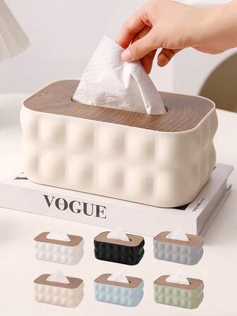 Modern Bubble Textured Tissue Box Cover with Wood Style Top