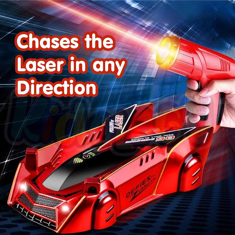 KidoKraze RC 2-in-1 laser wall climbing and ground car, showing a sleek remote-controlled toy with laser features on a surface.