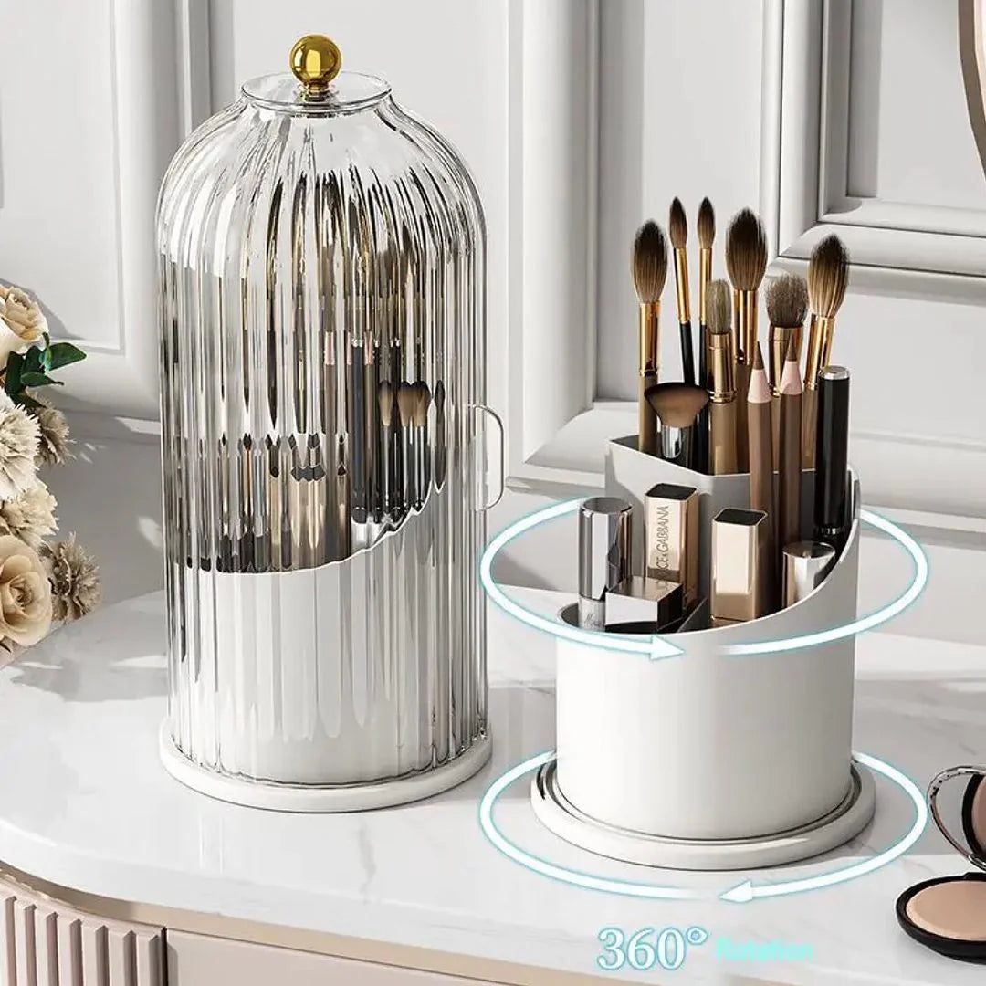 360 Rotating Makeup Brush Organizer with Dustproof Clear Lid Luxury Vanity Storage Box