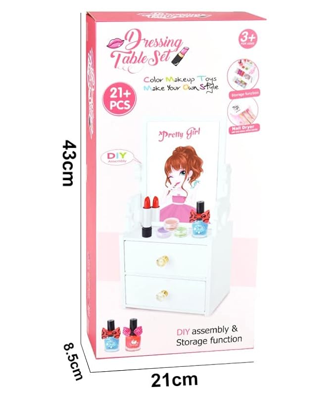 KidoKraze 21-piece DIY wooden dressing table makeup set for girls, includes mirror, brush, and pretend makeup accessories.