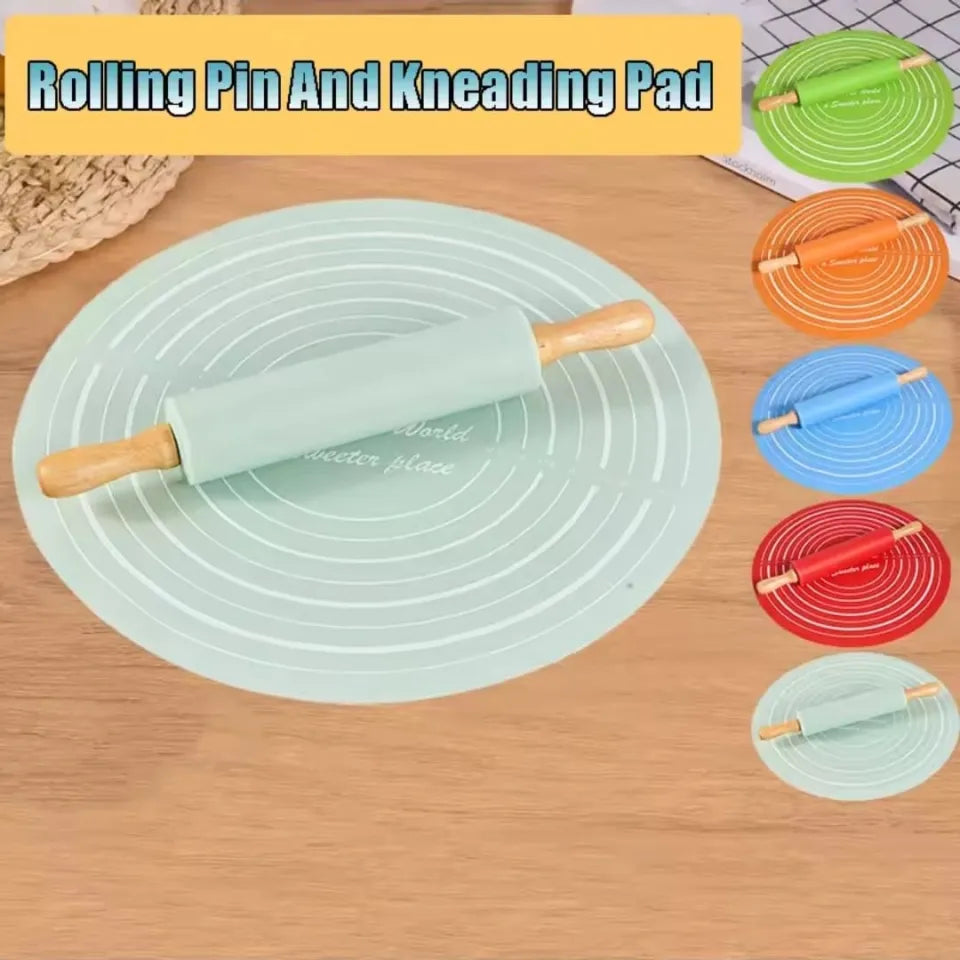 Non-Stick Silicone Rolling Pin and Kneading Mat Set with Measurement Markings