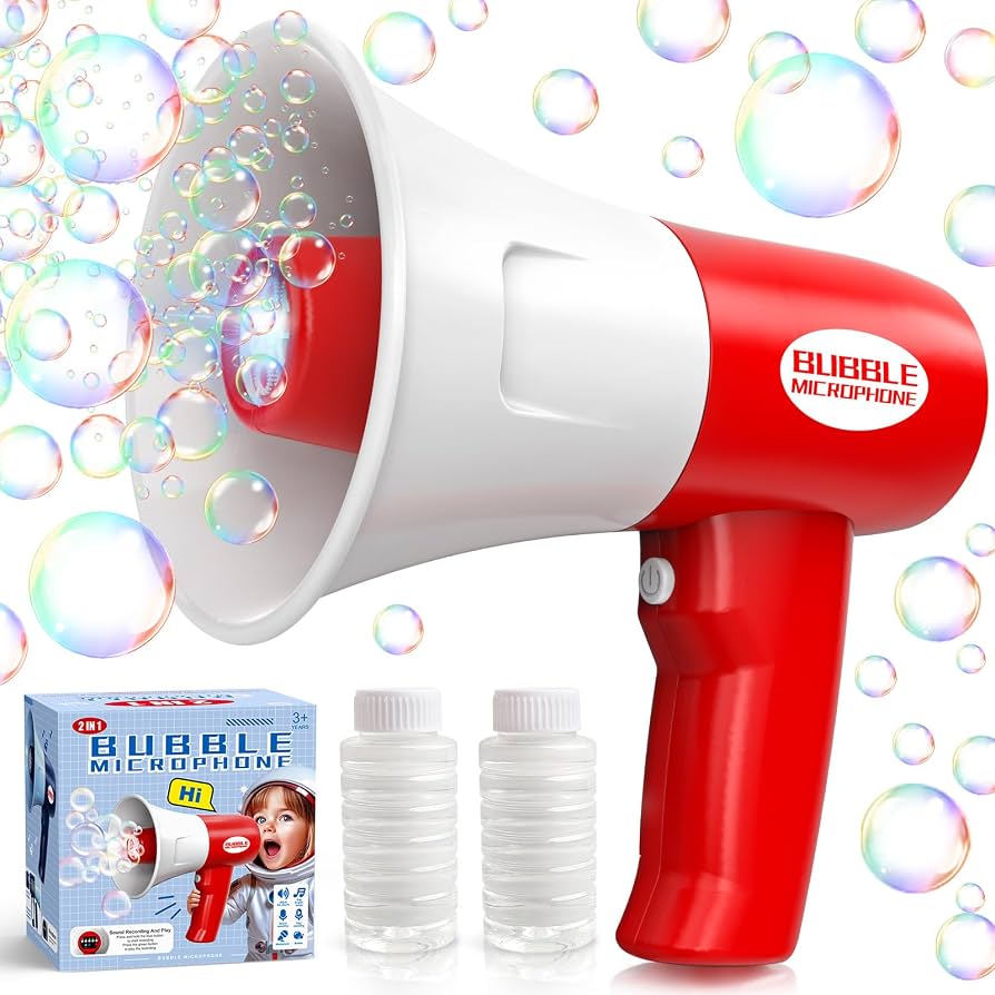 KidoKraze multifunctional megaphone bubble blower toy with voice recorder and music features, shown with colorful controls and bubble nozzle.