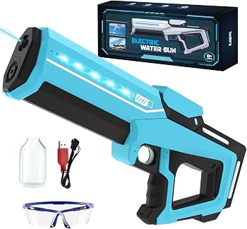 KidoKraze electric LED water gun with target scope, protective goggles, and colorful water spray for outdoor fun.