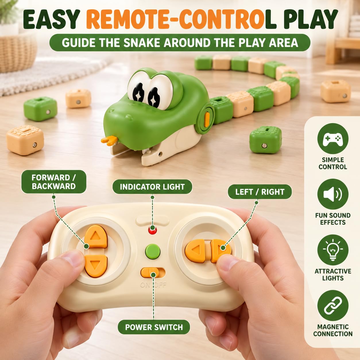 KidoKraze remote control snake toy for kids, green and black plastic snake with moving head and flexible body, suitable for children.