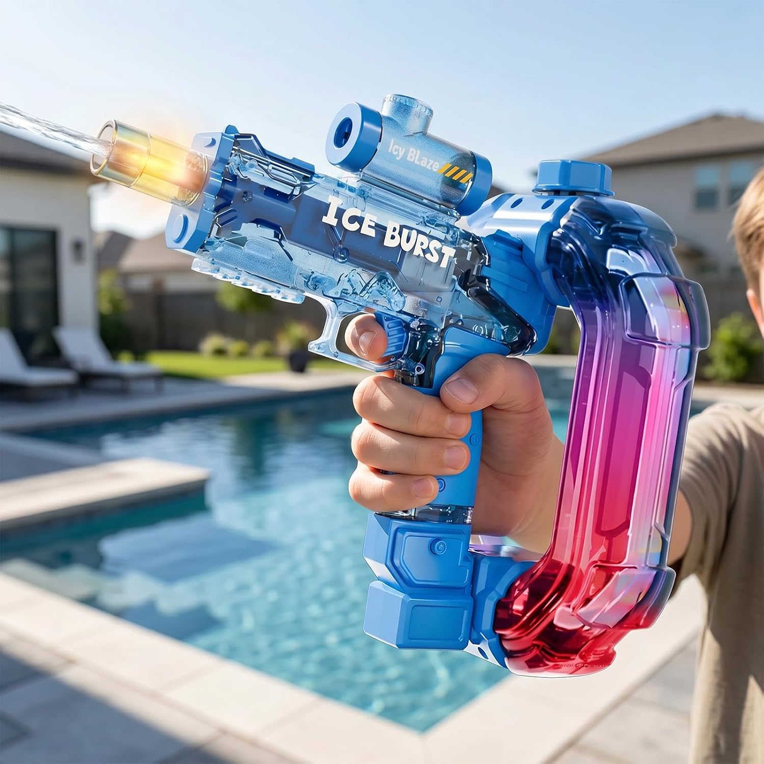 Kids electric LED water gun by KidoKraze with colorful lights, handheld toy for outdoor water play, featuring a transparent water tank