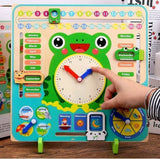 Wooden frog-shaped calendar and learning clock board by KidoKraze, featuring colorful movable pieces for educational play.