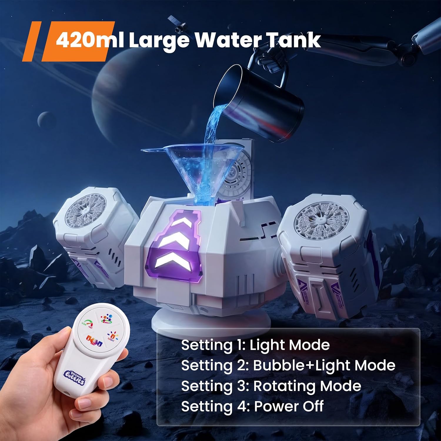 KidoKraze automatic dual-head bubble gun with 360-degree rotating bubble blower machine, producing colorful bubbles.