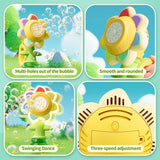KidoKraze sunflower-shaped automatic electric bubble gun toy for kids with colorful bubble solution in a playful setting.
